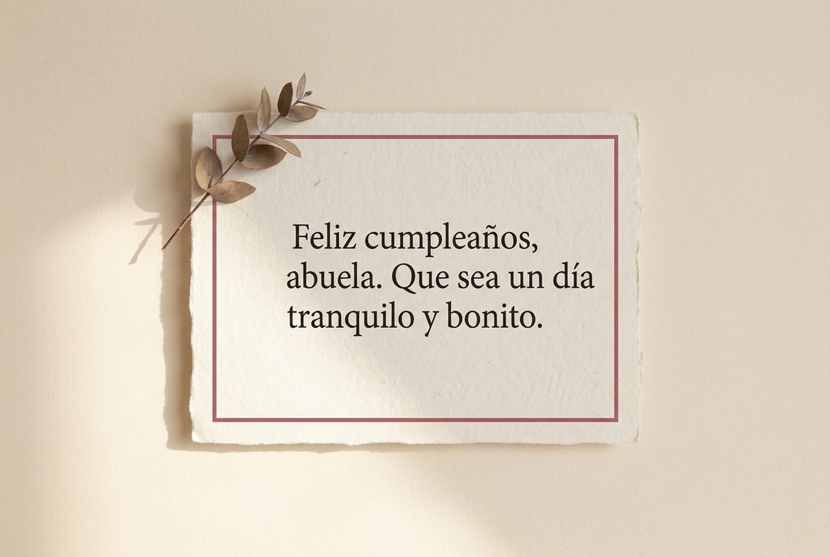 Tarjeta de cumpleaños de papel crema hecho a mano, con borde deckle y un filete impreso en rosa oscuro, fotografiada en plano cenital. En la tarjeta se lee «Feliz cumpleaños, abuela. Que sea un día tranquilo y bonito.». Al lado, una ramita seca de eucalipto apoyada en la esquina superior izquierda.
