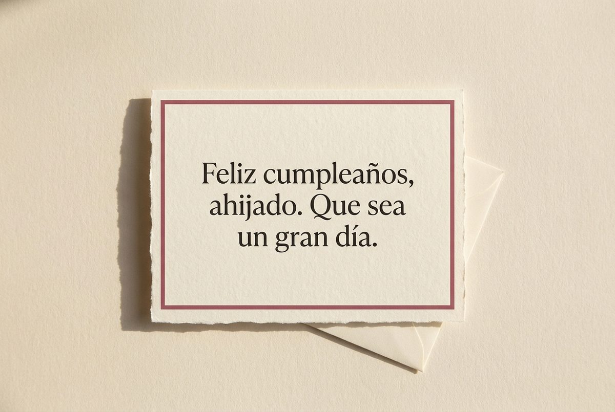 Tarjeta de cumpleaños de papel crema hecho a mano, con borde deckle y un filete impreso en rosa oscuro, fotografiada en plano cenital. En la tarjeta se lee «Feliz cumpleaños, ahijado. Que sea un gran día.». Al lado, un sobre crema asomando por detrás.