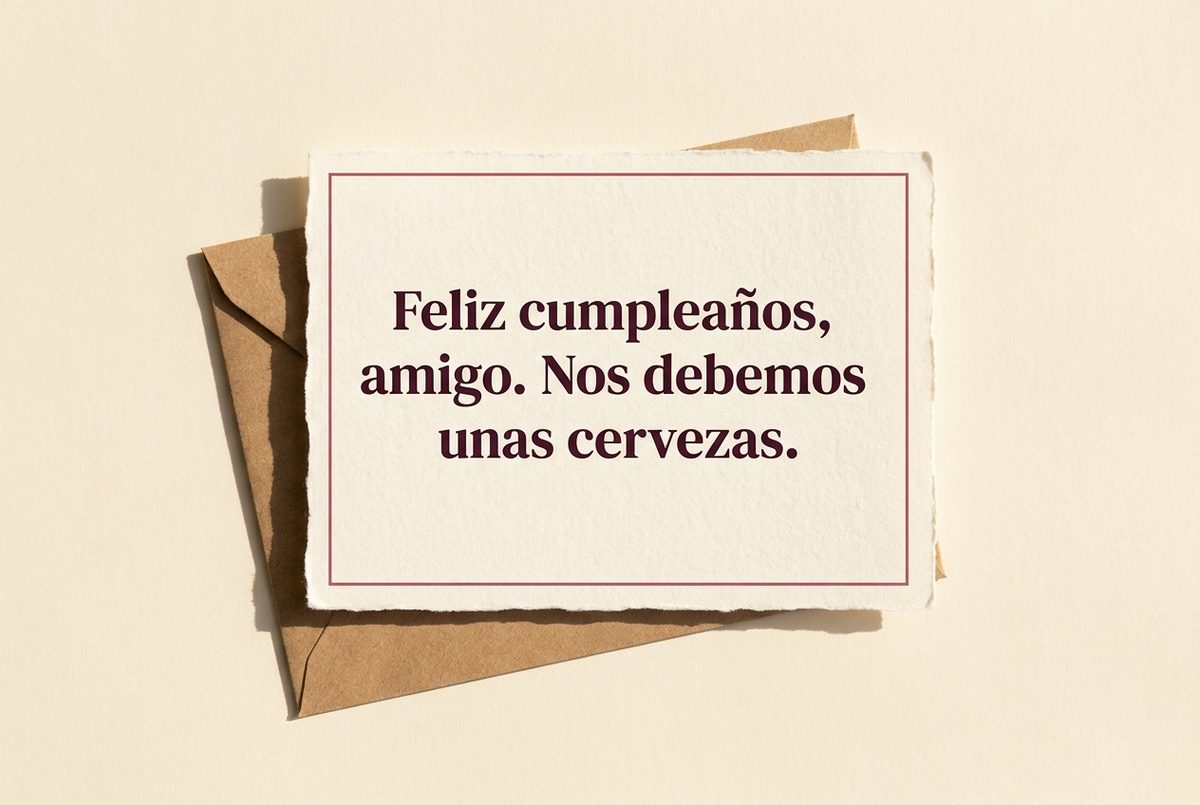 Tarjeta de cumpleaños de papel crema hecho a mano, con borde deckle y un filete impreso en rosa oscuro, fotografiada en plano cenital. En la tarjeta se lee «Feliz cumpleaños, amigo. Nos debemos unas cervezas.». Al lado, un sobre de papel kraft debajo de la tarjeta.