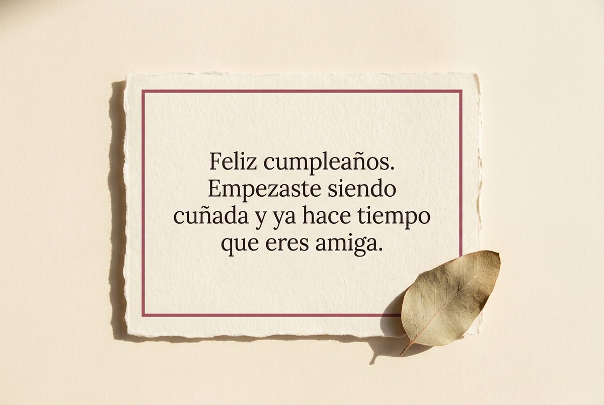 Tarjeta de cumpleaños de papel crema hecho a mano, con borde deckle y un filete impreso en rosa oscuro, fotografiada en plano cenital. En la tarjeta se lee «Feliz cumpleaños. Empezaste siendo cuñada y ya hace tiempo que eres amiga.». Al lado, una hoja seca dorada apoyada en la esquina inferior derecha.