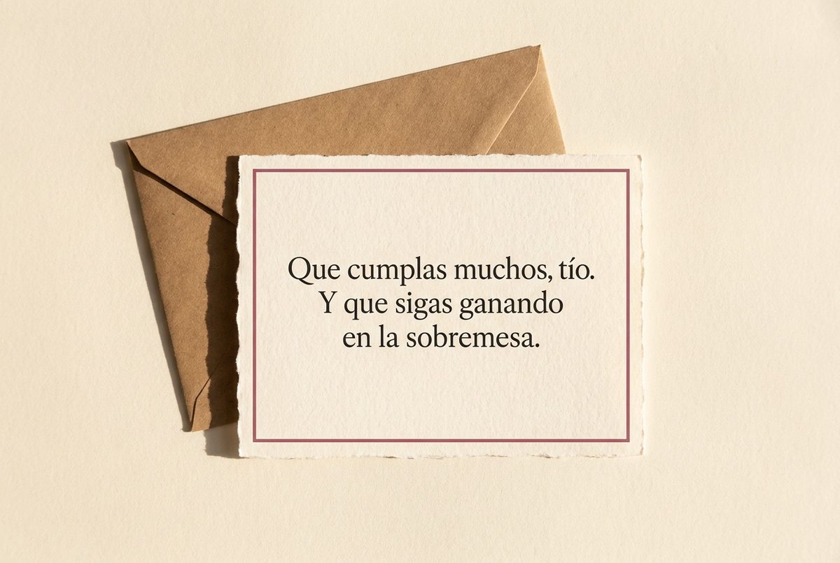 Tarjeta de cumpleaños de papel crema hecho a mano, con borde deckle y un filete impreso en rosa oscuro, fotografiada en plano cenital. En la tarjeta se lee «Que cumplas muchos, tío. Y que sigas ganando en la sobremesa.». Al lado, un sobre de papel kraft detrás, en diagonal.