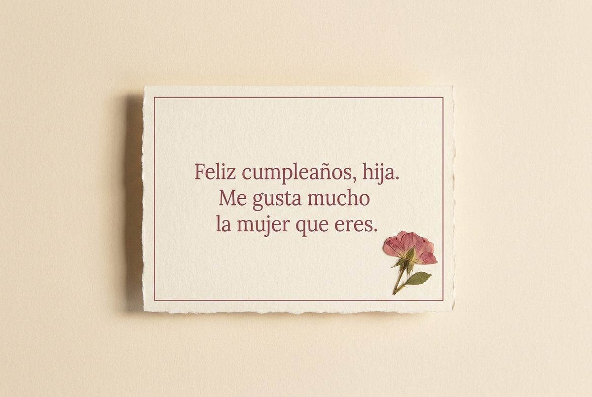 Tarjeta de cumpleaños de papel crema hecho a mano, con borde deckle y un filete impreso en rosa oscuro, fotografiada en plano cenital. En la tarjeta se lee «Feliz cumpleaños, hija. Me gusta mucho la mujer que eres.». Al lado, una flor prensada rosa en la esquina inferior derecha de la tarjeta.
