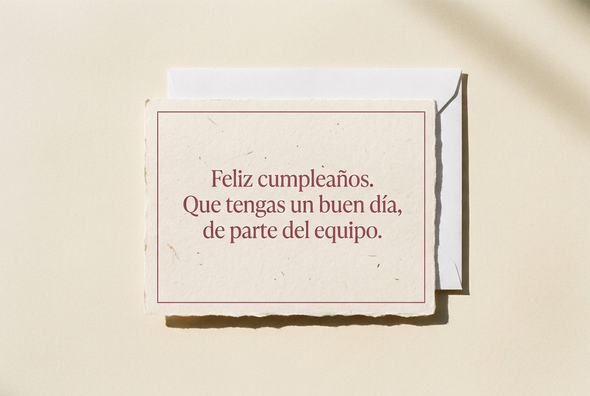 Tarjeta de cumpleaños de papel crema hecho a mano, con borde deckle y un filete impreso en rosa oscuro, fotografiada en plano cenital. En la tarjeta se lee «Feliz cumpleaños. Que tengas un buen día, de parte del equipo.». Al lado, un sobre blanco cuadrado colocado detrás.