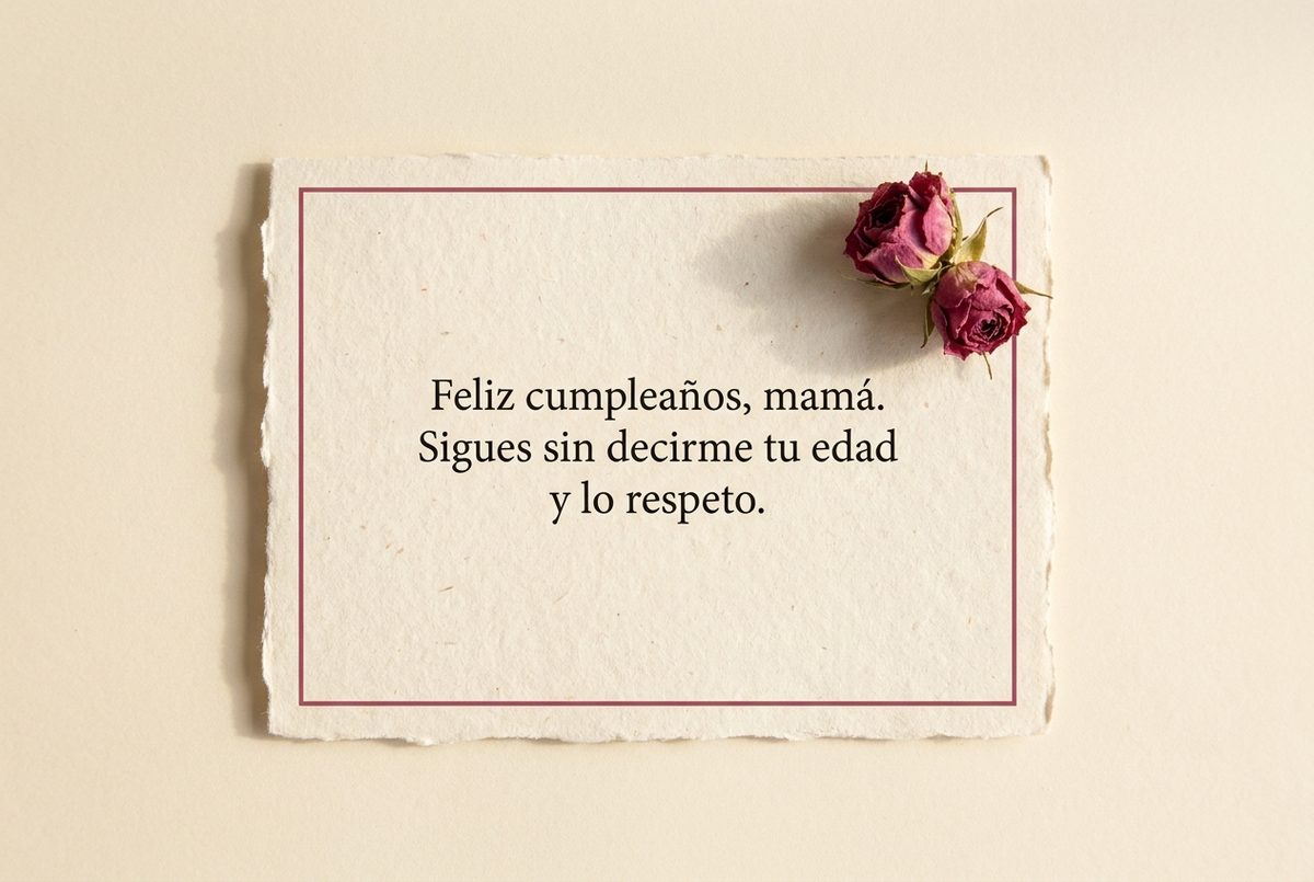 Tarjeta de cumpleaños de papel crema hecho a mano, con borde deckle y un filete impreso en rosa oscuro, fotografiada en plano cenital. En la tarjeta se lee «Feliz cumpleaños, mamá. Sigues sin decirme tu edad y lo respeto.». Al lado, dos capullos de rosa secos en la esquina superior derecha.