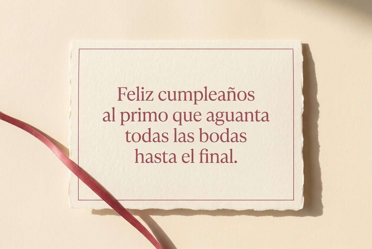 Tarjeta de cumpleaños de papel crema hecho a mano, con borde deckle y un filete impreso en rosa oscuro, fotografiada en plano cenital. En la tarjeta se lee «Feliz cumpleaños al primo que aguanta todas las bodas hasta el final.». Al lado, una cinta de raso rosa que entra por el borde izquierdo.