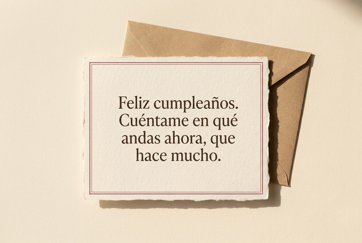 Tarjeta de cumpleaños de papel crema hecho a mano, con borde deckle y un filete impreso en rosa oscuro, fotografiada en plano cenital. En la tarjeta se lee «Feliz cumpleaños. Cuéntame en qué andas ahora, que hace mucho.». Al lado, un sobre de papel kraft abierto detrás, a la derecha.